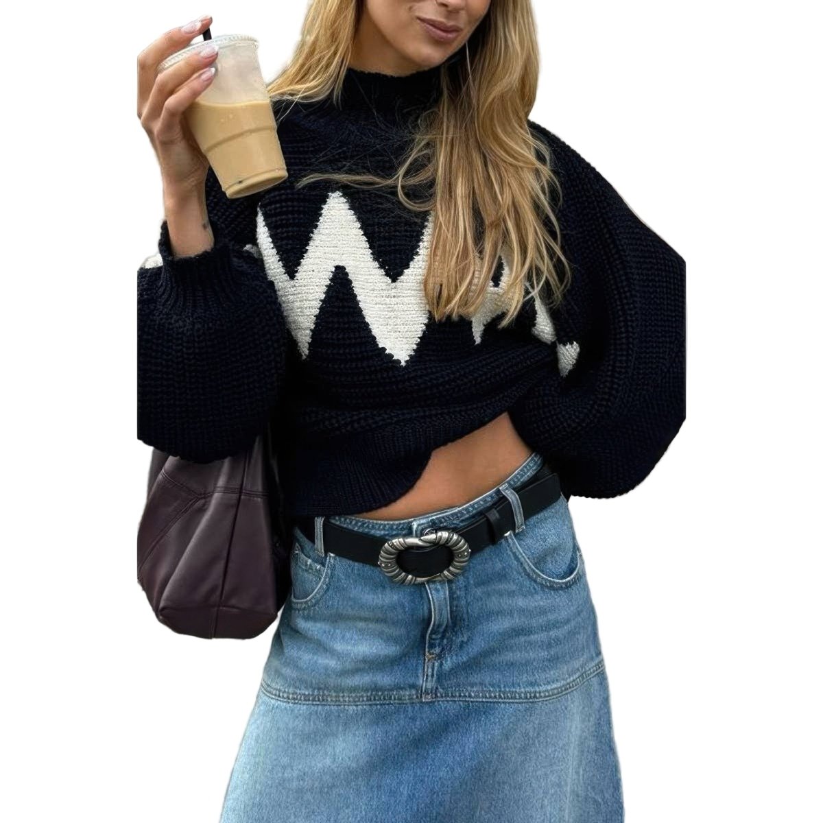 Women's Mock Neck Contrast Trim Long Sleeve Sweater - AMVIM