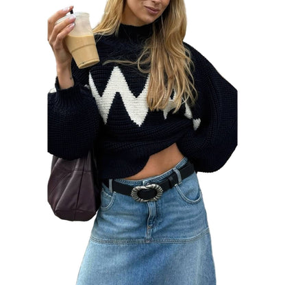 Women's Mock Neck Contrast Trim Long Sleeve Sweater - AMVIM