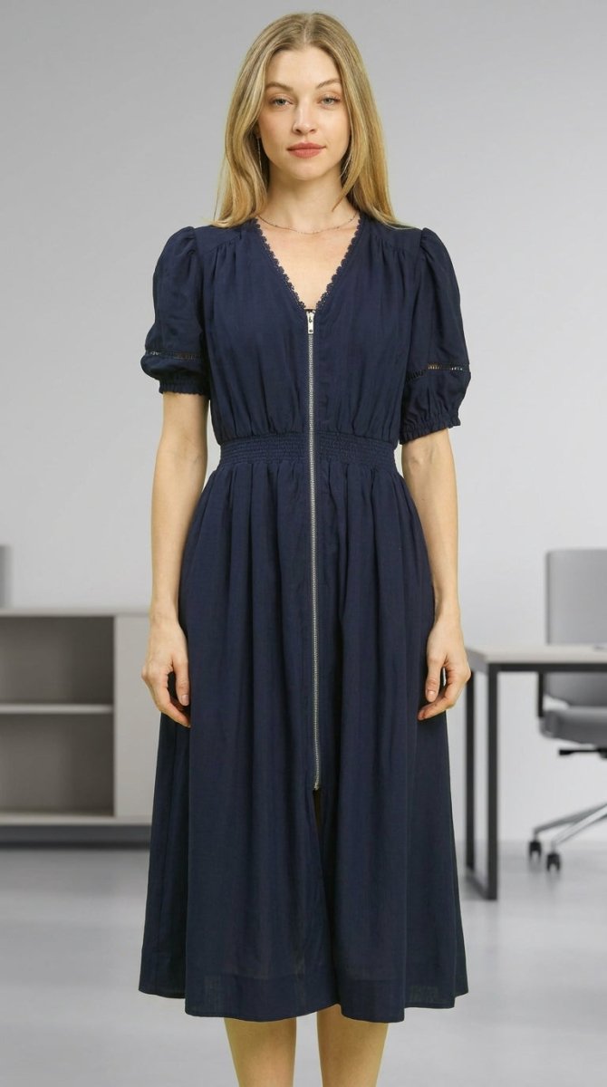 Women's Navy Zip - Front Midi Dress – Smocked Waist - AMVIM