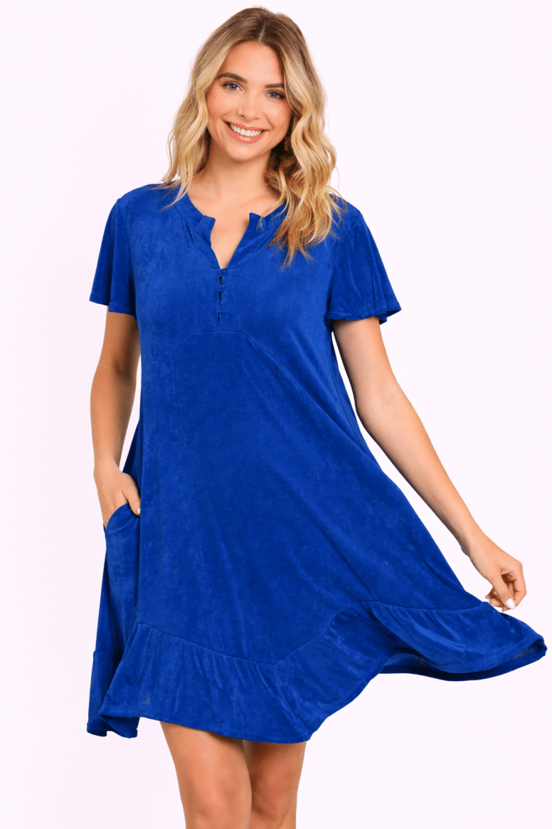 Women's Notched Short Sleeve Ruffled Asymmetric Hem Dress - AMVIM