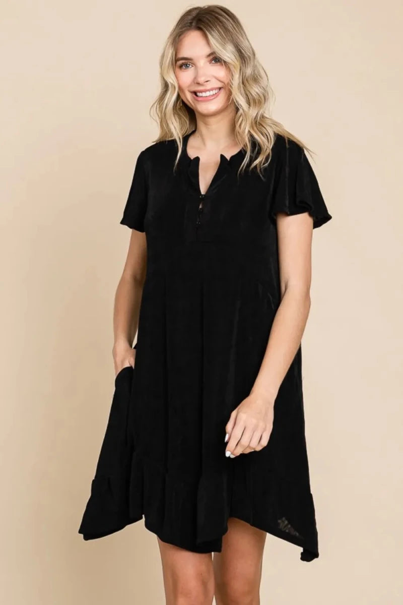 Women's Notched Short Sleeve Ruffled Asymmetric Hem Dress - AMVIM