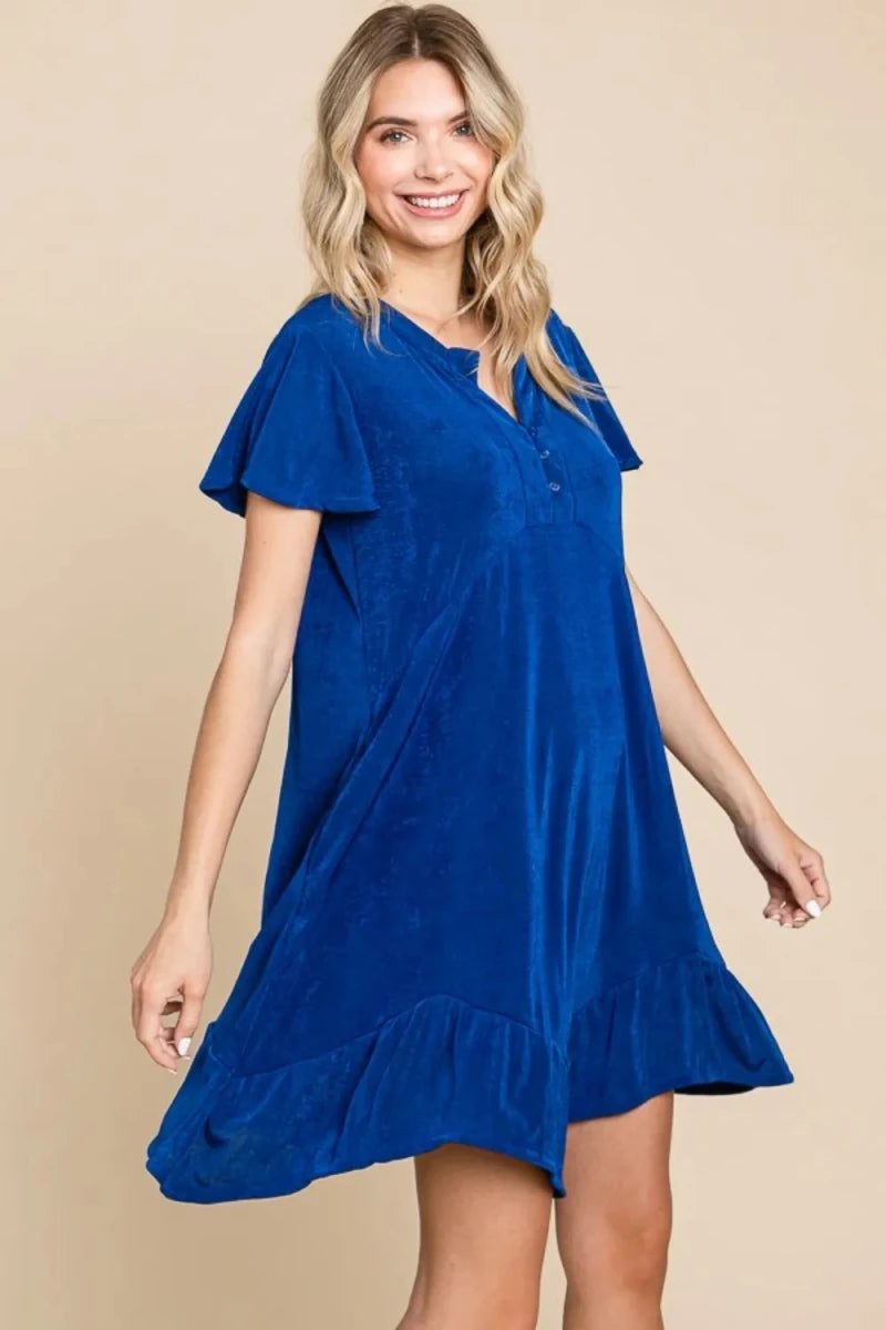Women's Notched Short Sleeve Ruffled Asymmetric Hem Dress - AMVIM