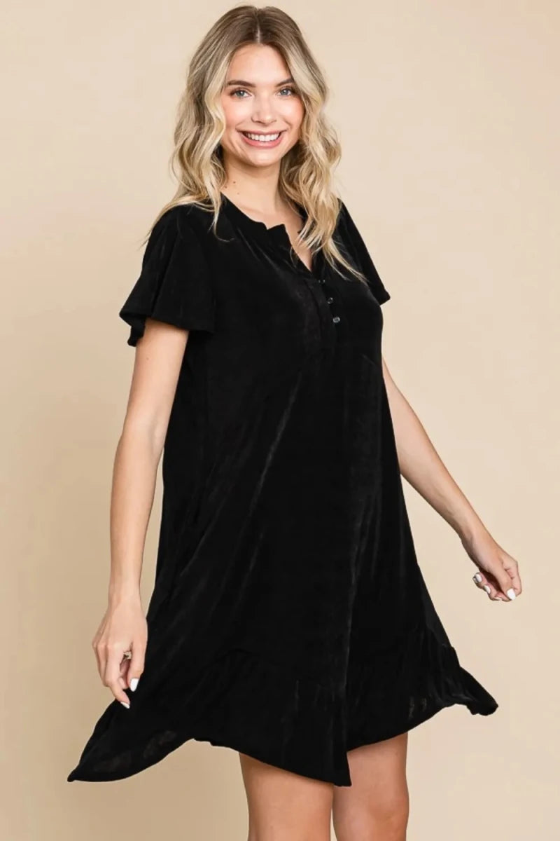 Women's Notched Short Sleeve Ruffled Asymmetric Hem Dress - AMVIM