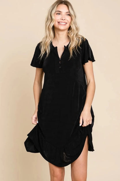 Women's Notched Short Sleeve Ruffled Asymmetric Hem Dress - AMVIM