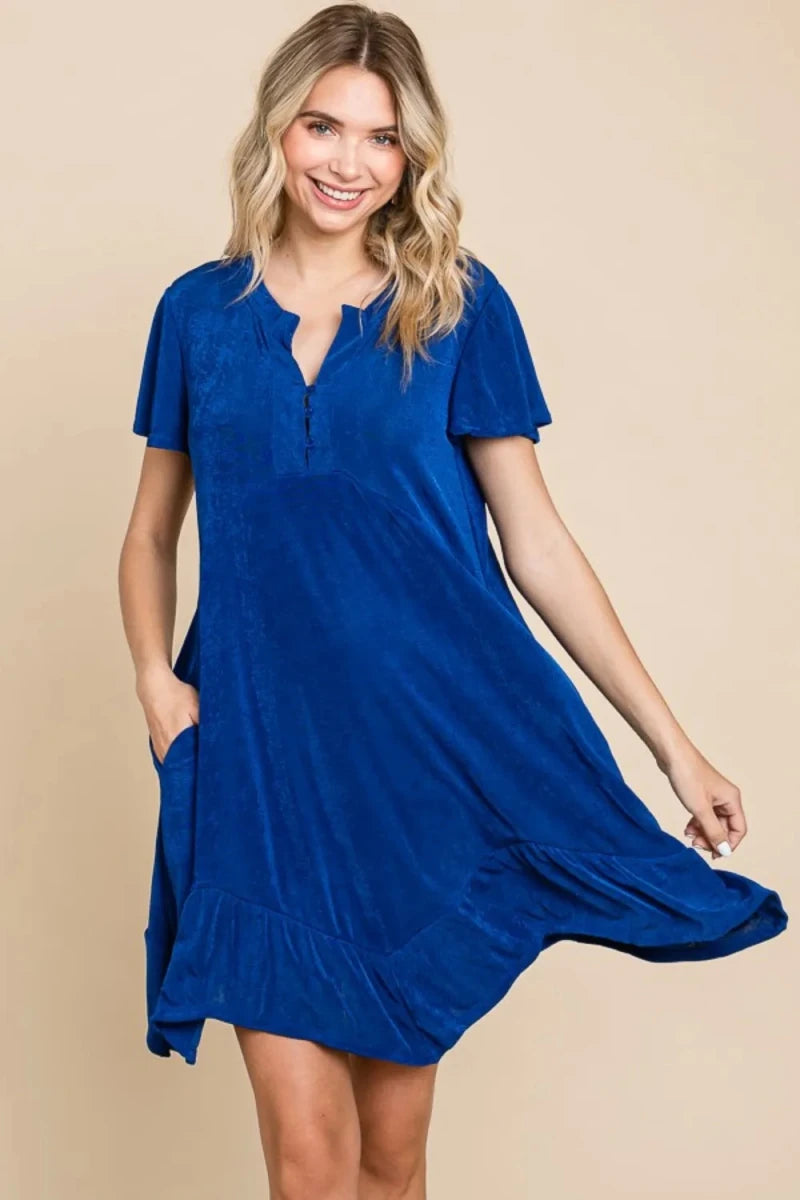 Women's Notched Short Sleeve Ruffled Asymmetric Hem Dress - AMVIM