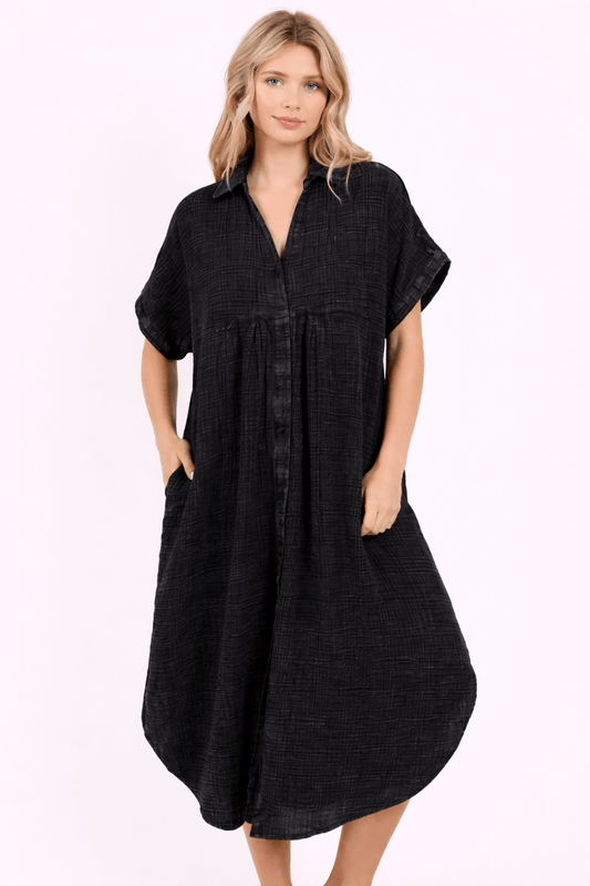 Women's Notched Short Sleeve Ruffled Asymmetric Hem Dress - AMVIM