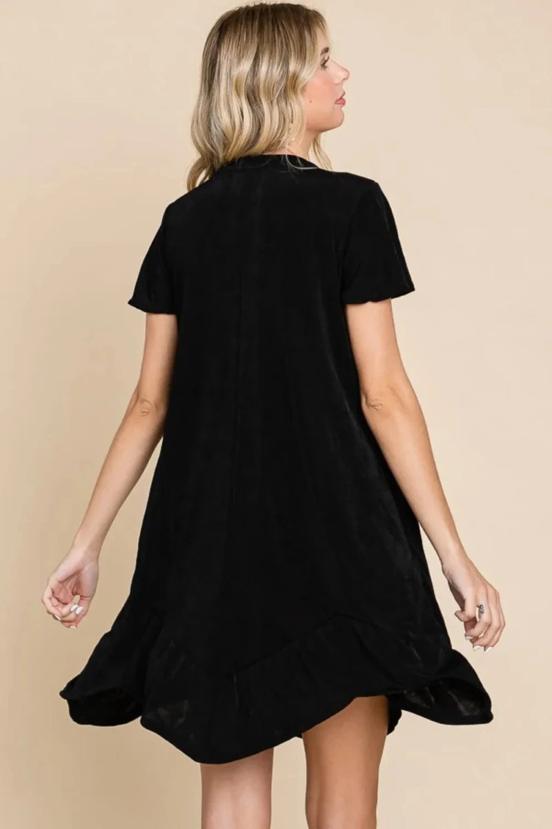 Women's Notched Short Sleeve Ruffled Asymmetric Hem Dress - AMVIM