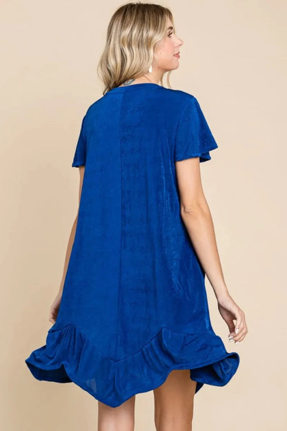Women's Notched Short Sleeve Ruffled Asymmetric Hem Dress - AMVIM