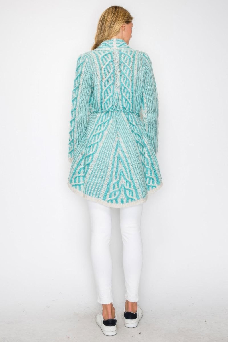 Women's Open Wool Belted Long Cardigan with Front Pocket - AMVIM