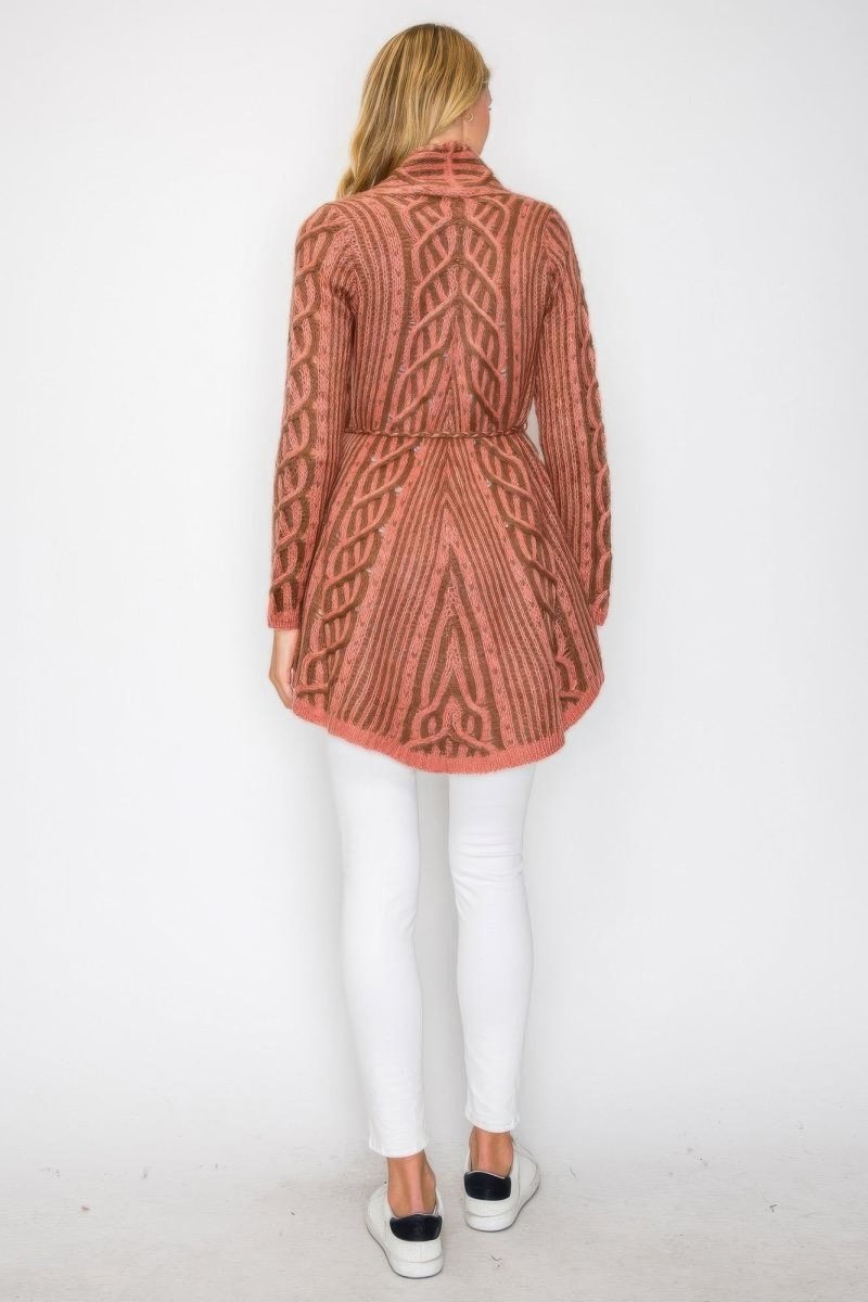 Women's Open Wool Belted Long Cardigan with Front Pocket - AMVIM