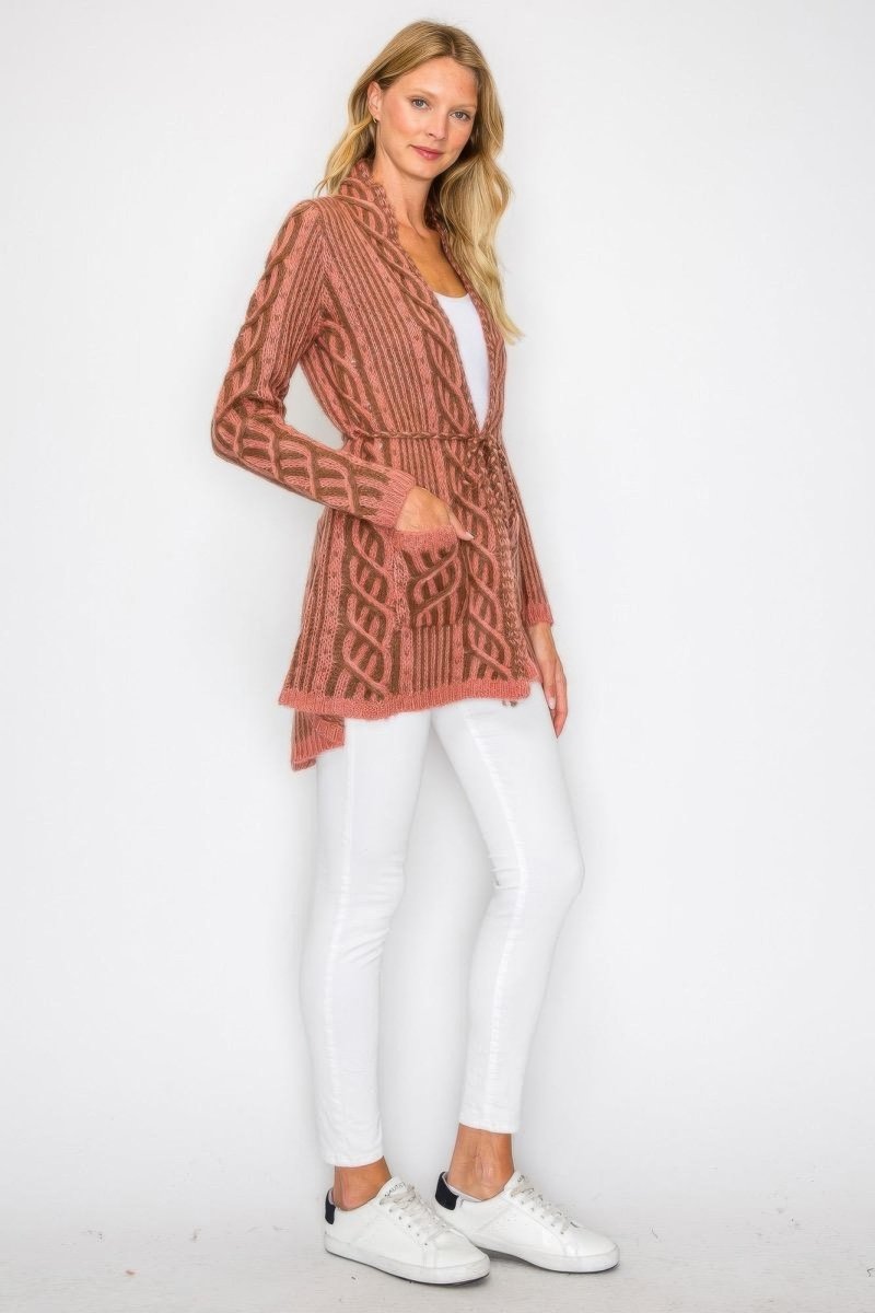 Women's Open Wool Belted Long Cardigan with Front Pocket - AMVIM