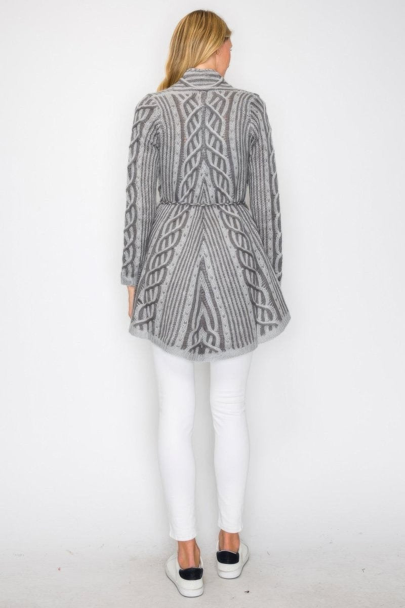 Women's Open Wool Belted Long Cardigan with Front Pocket - AMVIM