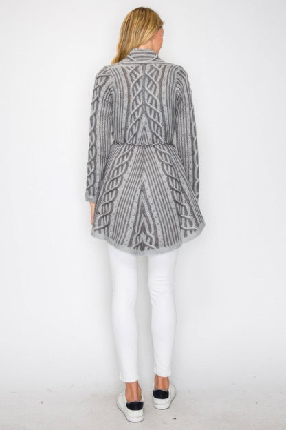 Women's Open Wool Belted Long Cardigan with Front Pocket - AMVIM