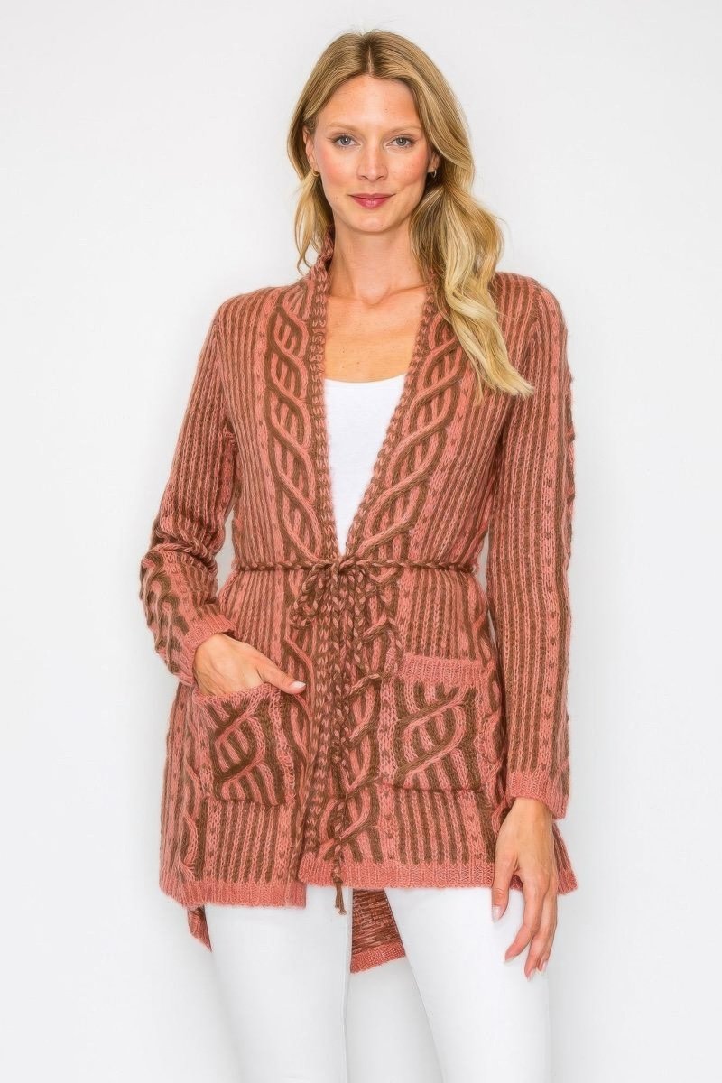 Women's Open Wool Belted Long Cardigan with Front Pocket - AMVIM