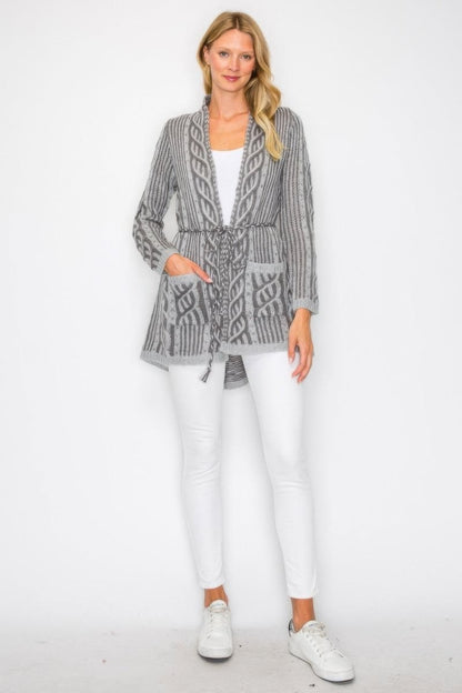 Women's Open Wool Belted Long Cardigan with Front Pocket - AMVIM