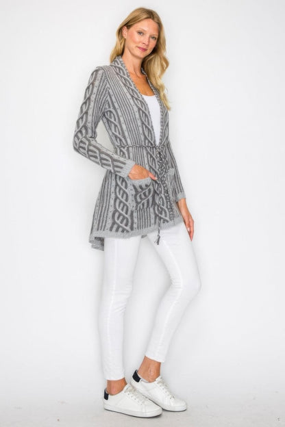 Women's Open Wool Belted Long Cardigan with Front Pocket - AMVIM