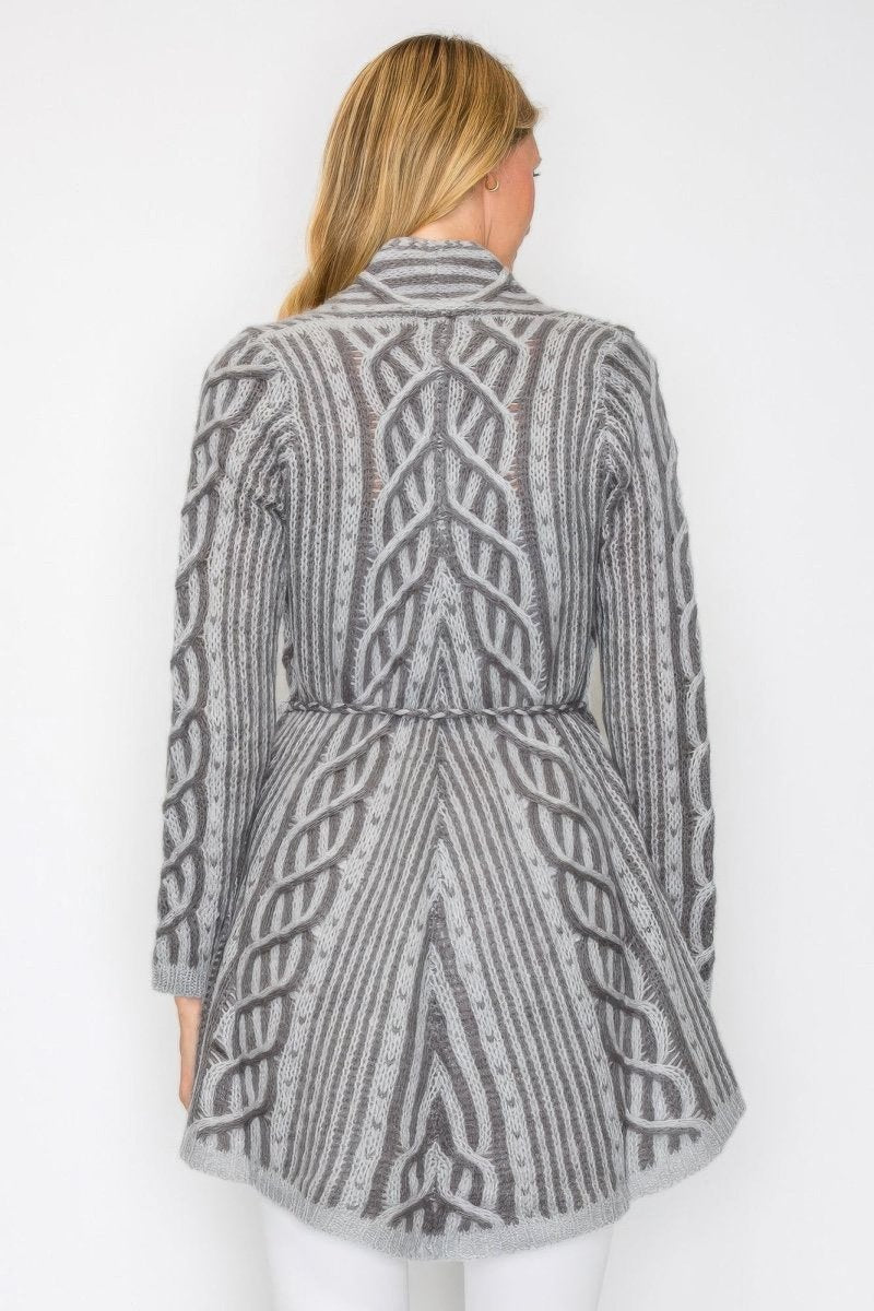 Women's Open Wool Belted Long Cardigan with Front Pocket - AMVIM