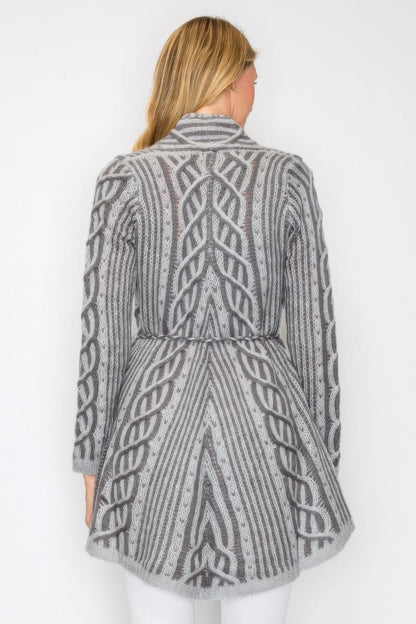 Women's Open Wool Belted Long Cardigan with Front Pocket - AMVIM