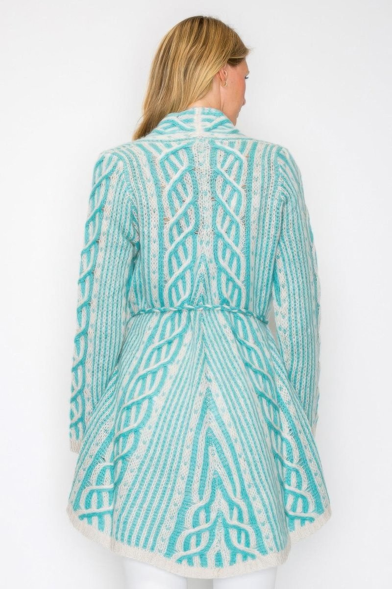 Women's Open Wool Belted Long Cardigan with Front Pocket - AMVIM