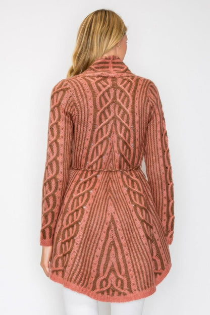 Women's Open Wool Belted Long Cardigan with Front Pocket - AMVIM