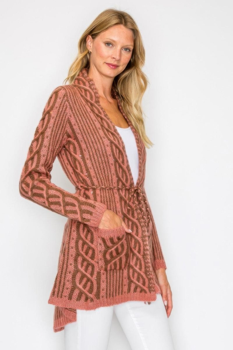 Women's Open Wool Belted Long Cardigan with Front Pocket - AMVIM