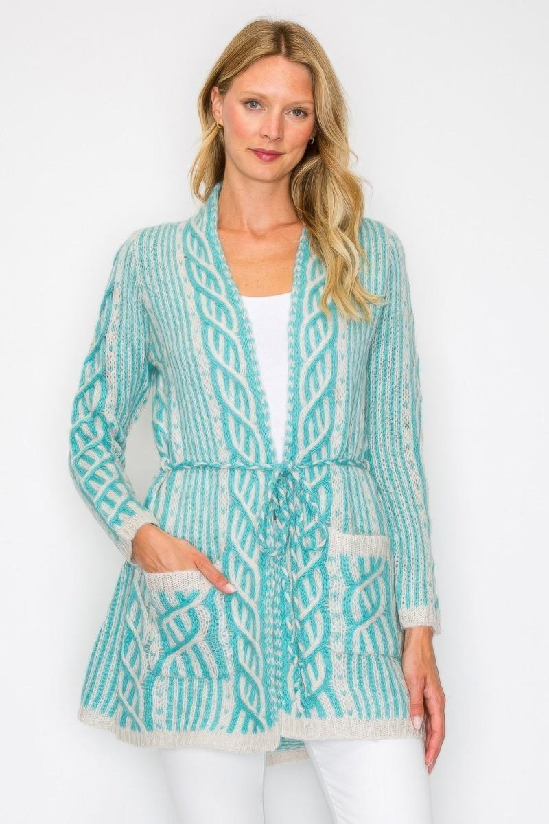 Women's Open Wool Belted Long Cardigan with Front Pocket - AMVIM