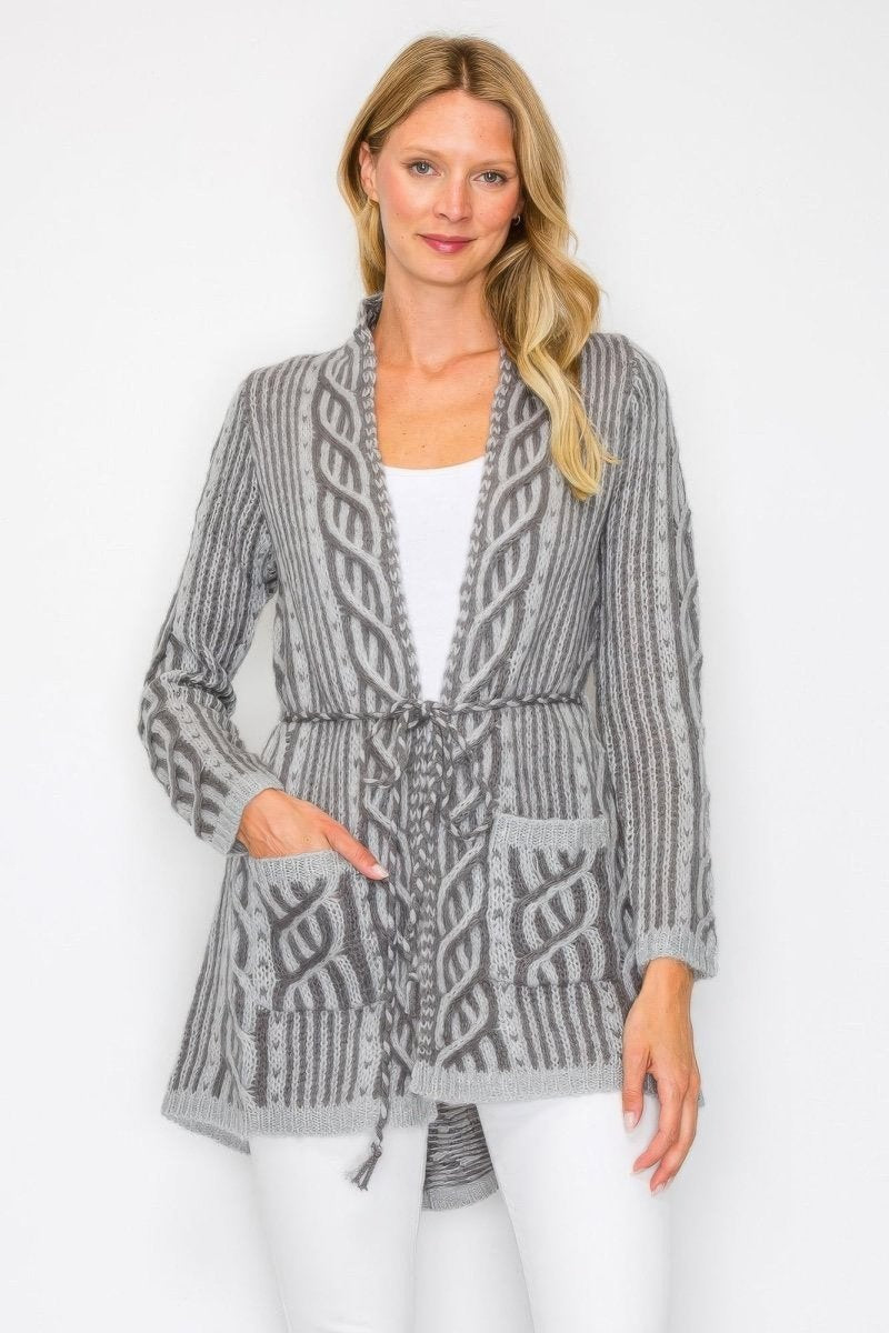 Women's Open Wool Belted Long Cardigan with Front Pocket - AMVIM