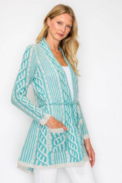 Women's Open Wool Belted Long Cardigan with Front Pocket - AMVIM