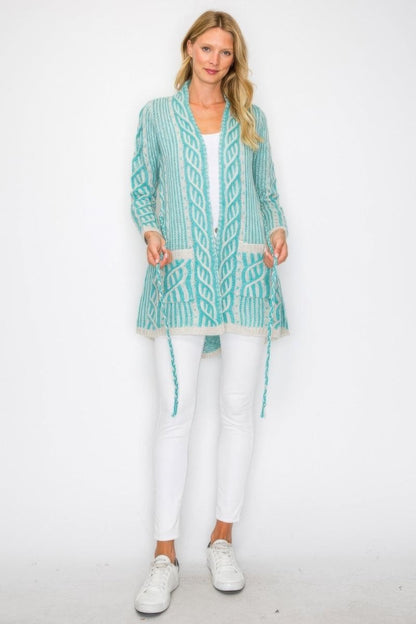 Women's Open Wool Belted Long Cardigan with Front Pocket - AMVIM