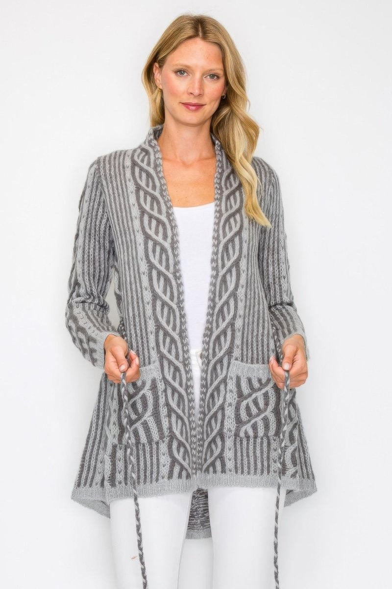 Women's Open Wool Belted Long Cardigan with Front Pocket - AMVIM