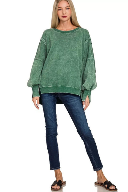 Womens Oversized Acid Washed Fleece Sweatshirt with Batwing Sleeves - AMVIM