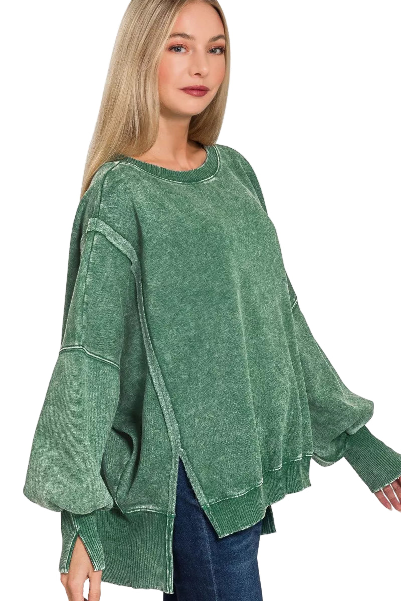 Womens Oversized Acid Washed Fleece Sweatshirt with Batwing Sleeves - AMVIM
