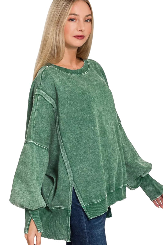 Womens Oversized Acid Washed Fleece Sweatshirt with Batwing Sleeves - AMVIM