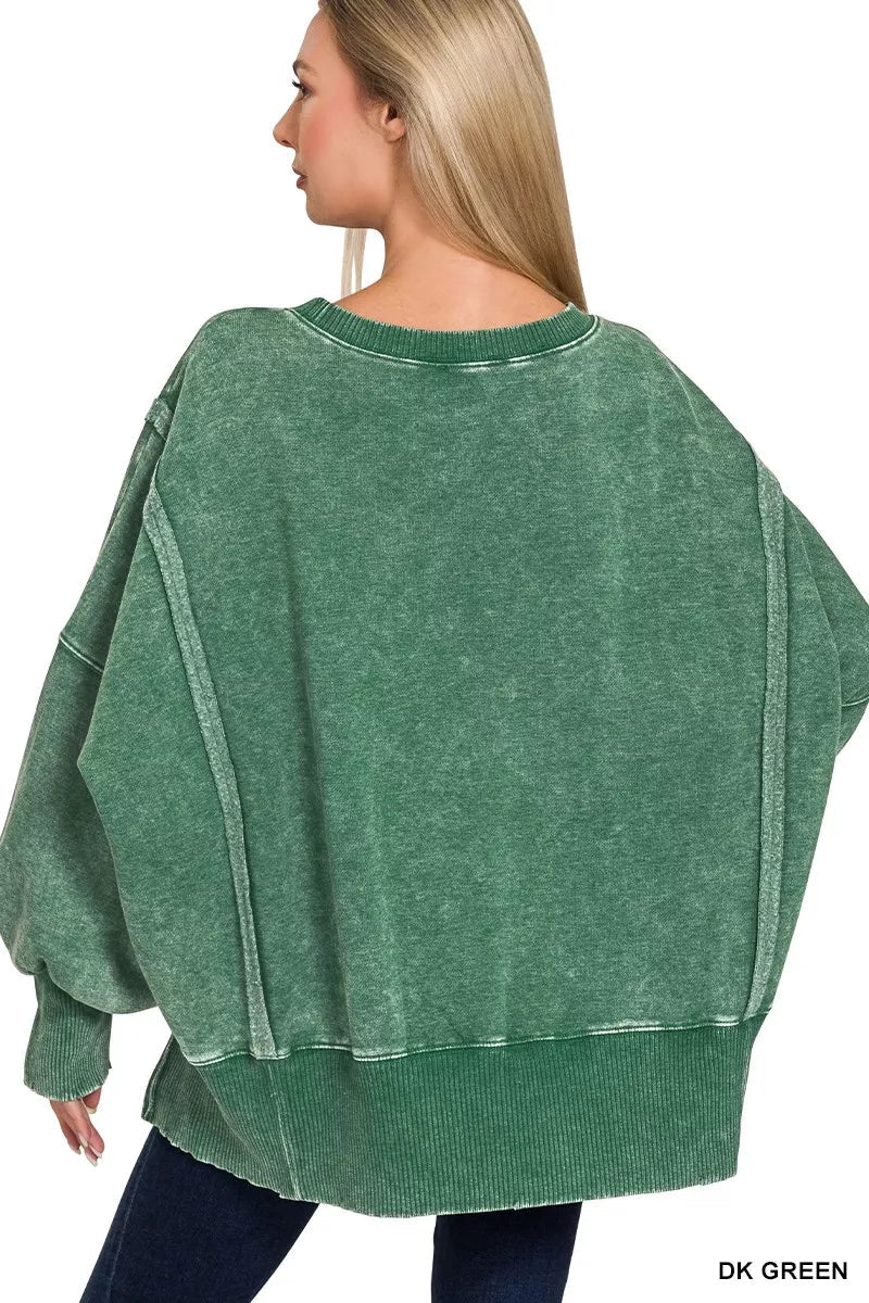 Womens Oversized Acid Washed Fleece Sweatshirt with Batwing Sleeves - AMVIM