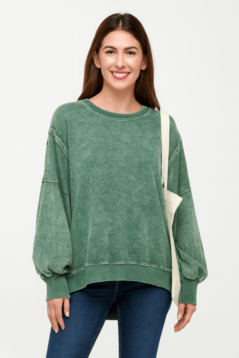 Womens Oversized Acid Washed Fleece Sweatshirt with Batwing Sleeves - AMVIM