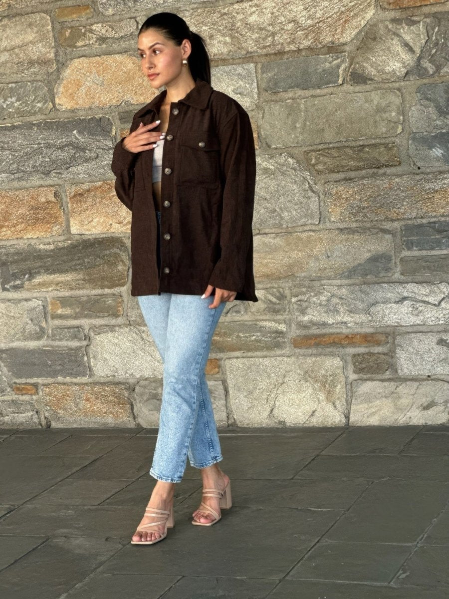 Women's Oversized Corduroy Shacket Button Down Jacket - AMVIM