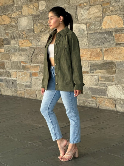 Women's Oversized Corduroy Shacket Button Down Jacket - AMVIM