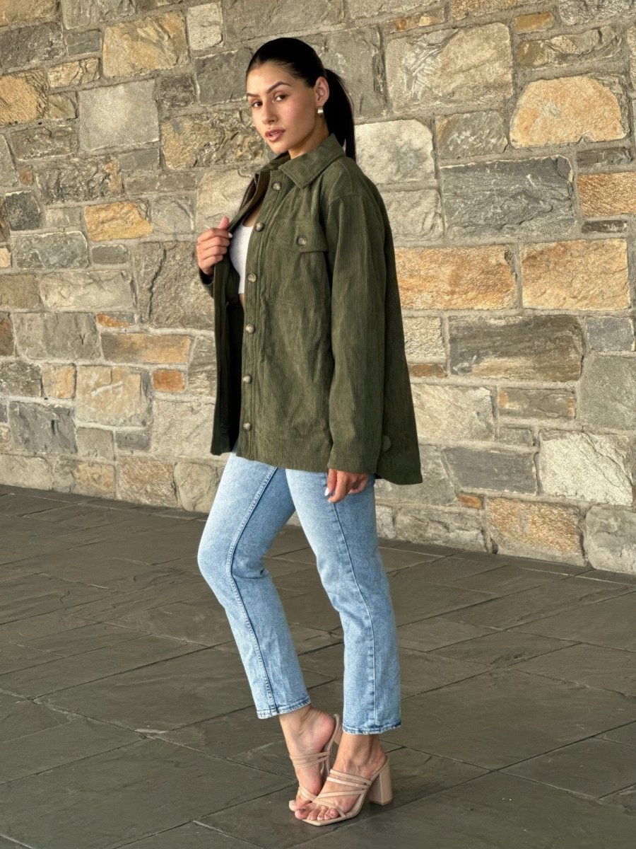 Women's Oversized Corduroy Shacket Button Down Jacket - AMVIM