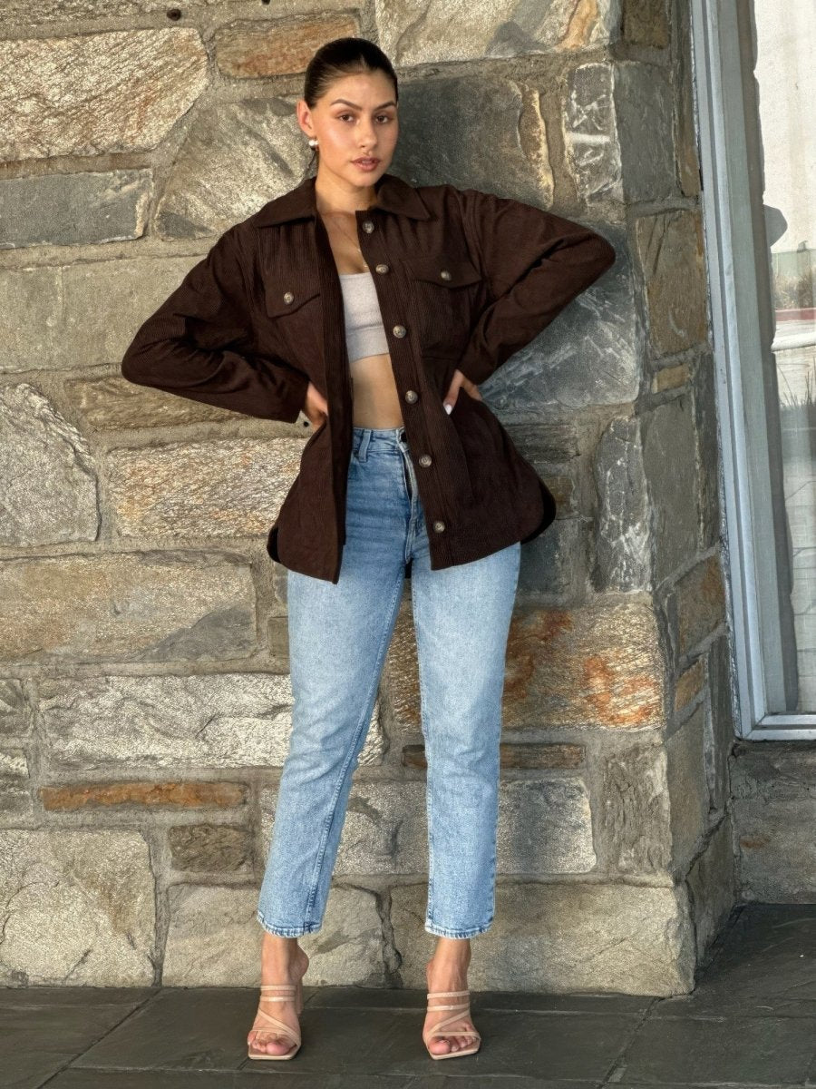 Women's Oversized Corduroy Shacket Button Down Jacket - AMVIM
