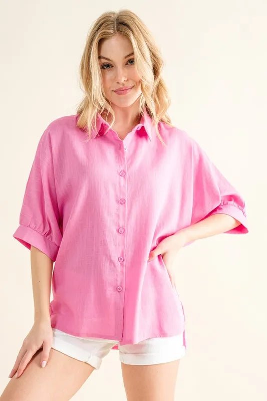 Women's Oversized Linen Button - Down Blouse for Casual Wear - AMVIM