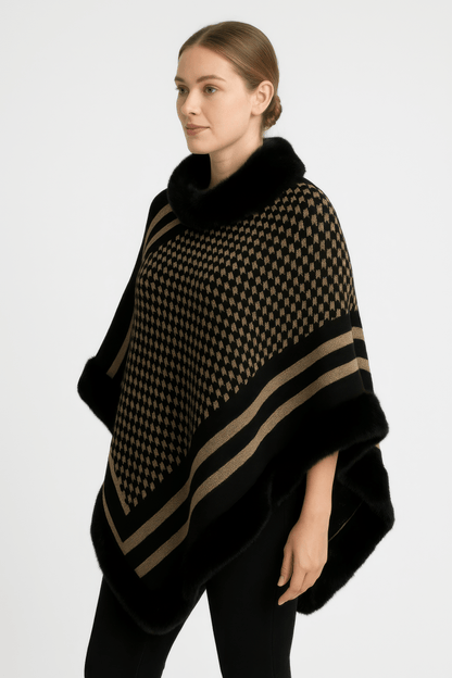 Women's Patterned Knit Poncho With Faux Fur Trim - AMVIM