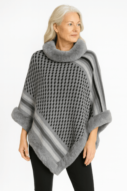 Women's Patterned Knit Poncho With Faux Fur Trim - AMVIM