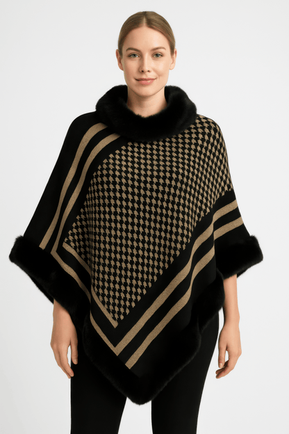 Women's Patterned Knit Poncho With Faux Fur Trim - AMVIM