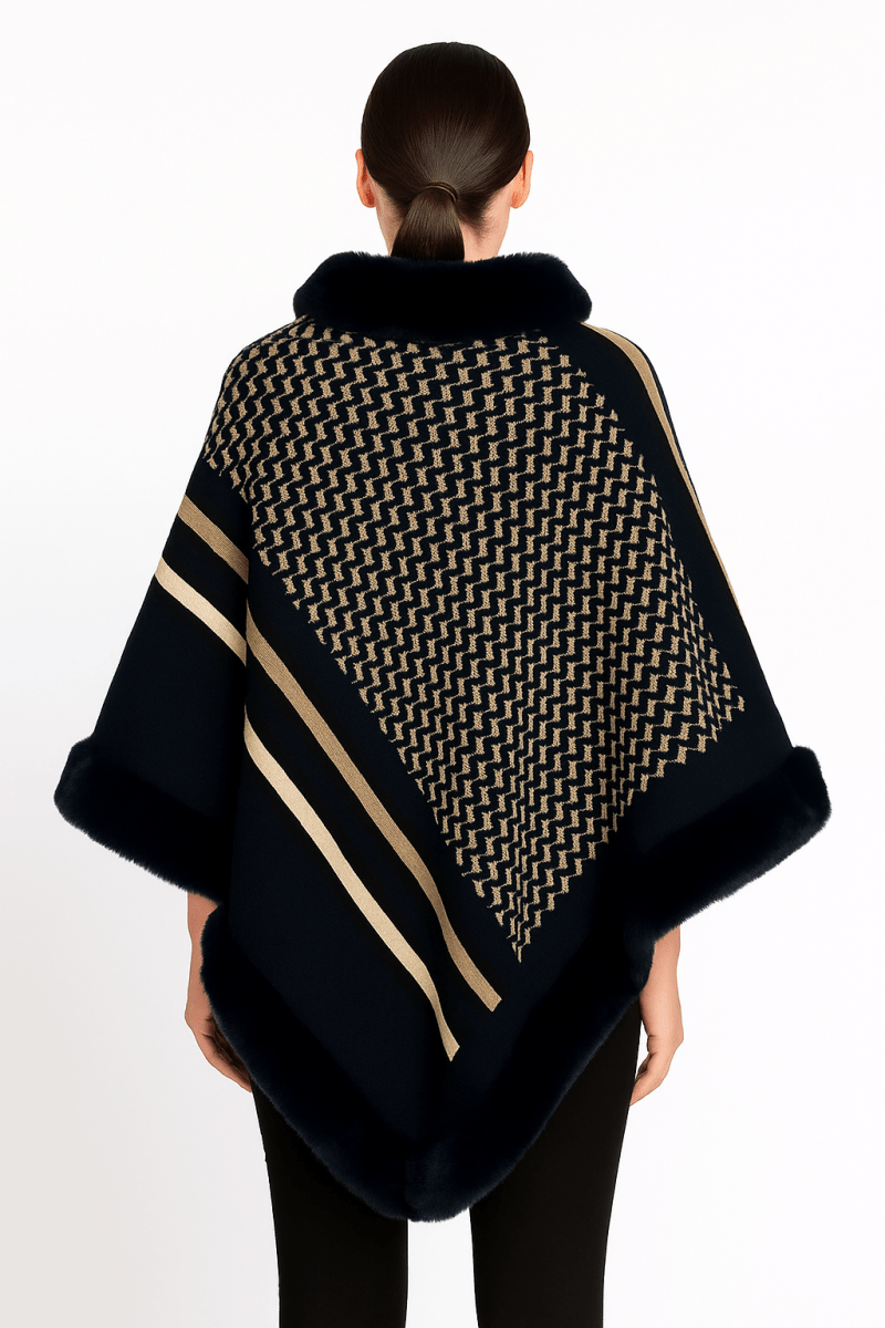 Women's Patterned Knit Poncho With Faux Fur Trim - AMVIM