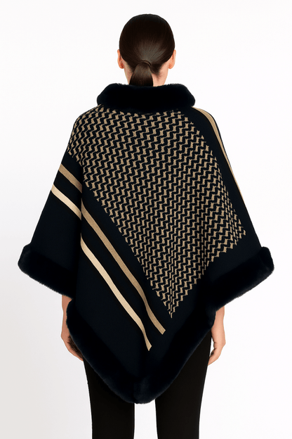 Women's Patterned Knit Poncho With Faux Fur Trim - AMVIM