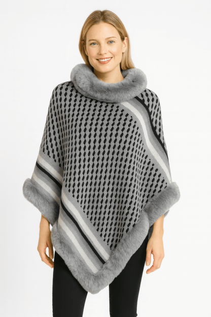 Women's Patterned Knit Poncho With Faux Fur Trim - AMVIM