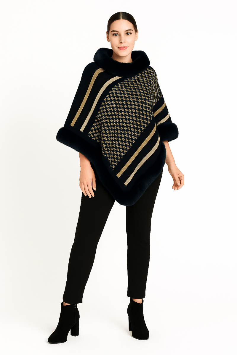 Women's Patterned Knit Poncho With Faux Fur Trim - AMVIM