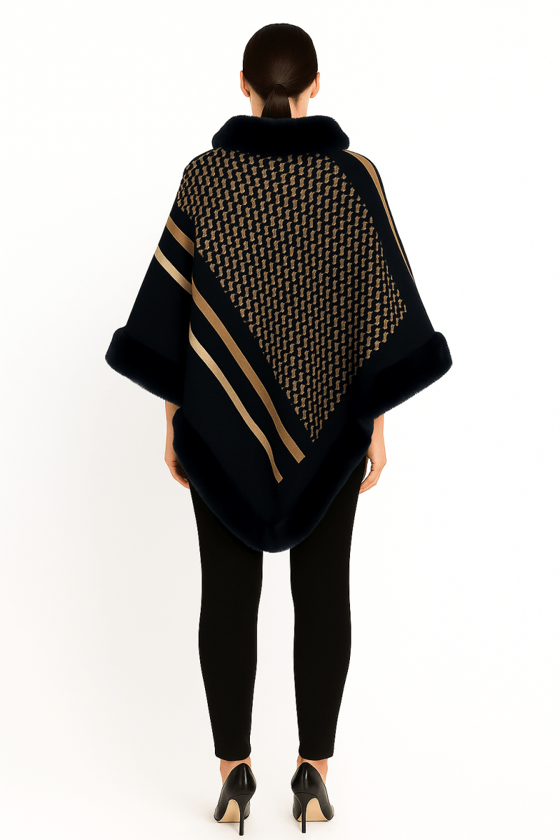 Women's Patterned Knit Poncho With Faux Fur Trim - AMVIM
