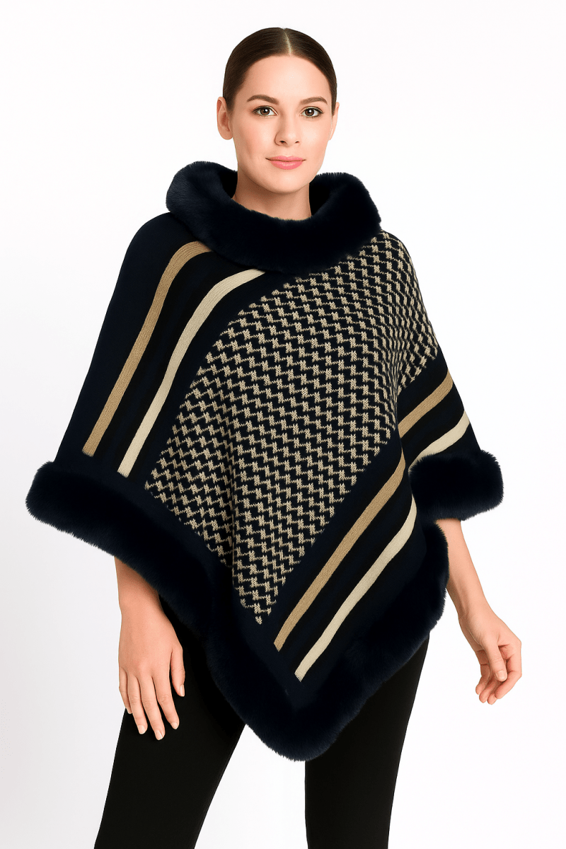 Women's Patterned Knit Poncho With Faux Fur Trim - AMVIM