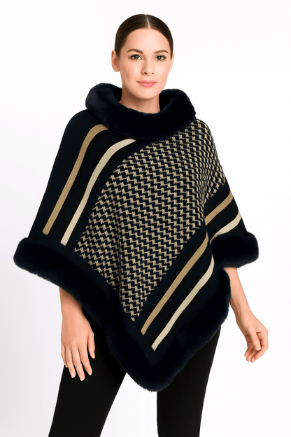 Women's Patterned Knit Poncho With Faux Fur Trim - AMVIM